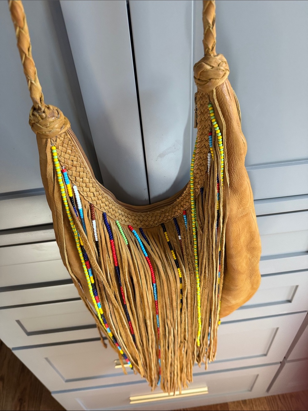 Kobler, Gypsy bag. Fringed Boho Crossbody Bag in Tan with Colorful Bead Accents - Picture 4 of 11